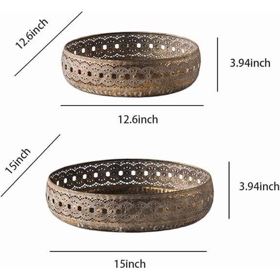 Vintage Moroccan Style Gold Metal Distressed Iron Tray Table Decorative Set of 2 Round Serving Trays for Home Decor