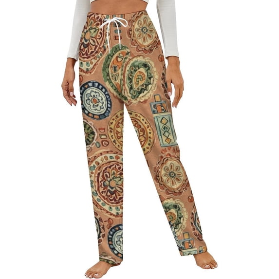 Vintage Moroccan Tiles Design Winter Female Pants Flannel High Waist Women Pants Lady Warm Straight Leg Plush Trousers