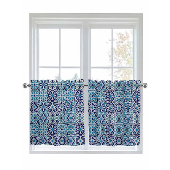 Vintage Morocco 2 Panel Kitchen Curtains for Small Windows, Traditional Tribal Abstract Geometric Blue Bathroom Tier Curtain, Short Window Treatment for Bedroom/Living Room 55"x24"