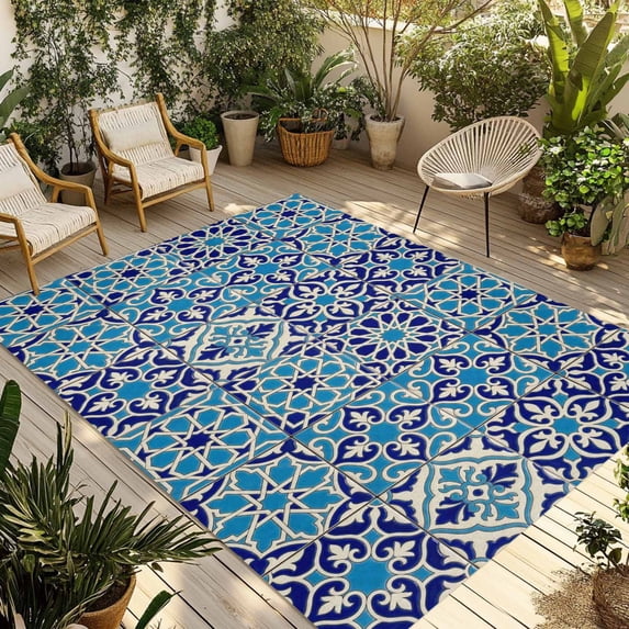 Vintage Morocco Outdoor Rug for Patio/Deck/Porch, Non-Slip Large Area Rug 6 x 9 Ft, Traditional Tribal Abstract Geometric Blue Indoor Outdoor Rugs Washable Area Rugs, Camping Rug Carpet Runner