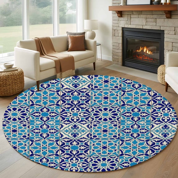 Vintage Morocco Round Rug 7ft Washable Circle Rugs Non Slip Traditional Tribal Abstract Geometric Blue Large Area Rug Indoor Floor Carpet for Bedroom Kitchen Living Room Home Office Dining Room