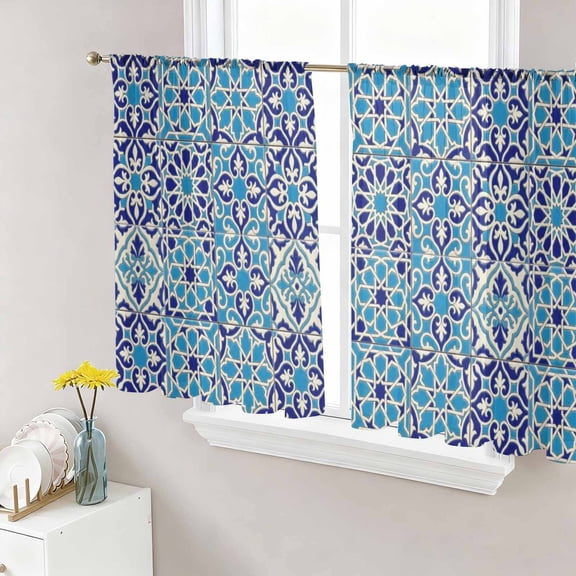 Vintage Morocco Sheer Curtains 54 Inch Length 2 Panels Set for Living Room/Bedroom, Traditional Tribal Abstract Geometric Blue Semi Curtain Sheers Rod Pocket Curtains Window Treatment 52''x54''x2