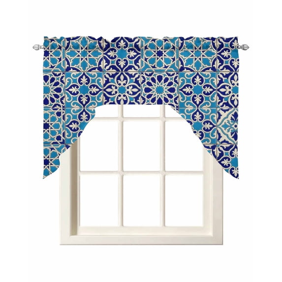 Vintage Morocco Swag Valances for Windows, Small Curtains Drapes, Traditional Tribal Abstract Geometric Blue Kitchen Window Curtains Over Sink Window Treatment Valance for Bedroom/Bathroom 56"x36"