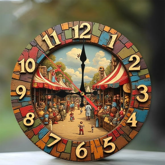 Vintage Mosaic Medieval Market Clock Wall Art 10-Inch Silent Wooden Wall Clock, Battery Operated (AA Batteries Not Included), Artistic Home Decor