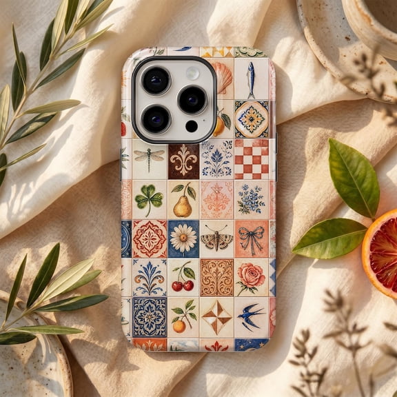 Vintage Mosaic Tile Tough Phone Case, Geometric Art Protective Matte Cover Compatible with iPhone 12 Pro