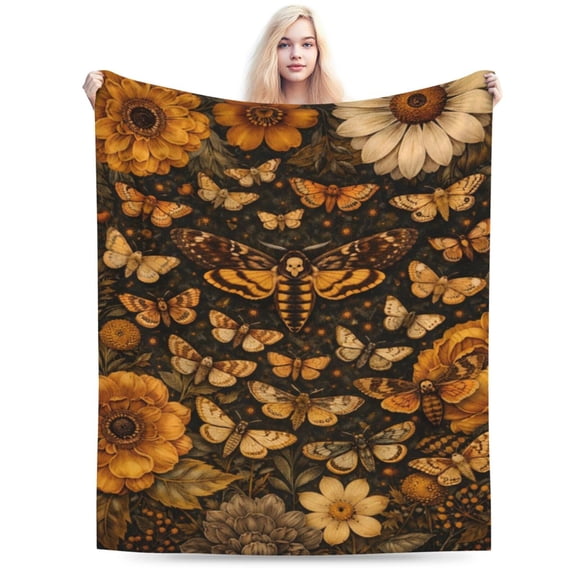 Vintage Moth Floral Throw Blanket, Soft Flannel Fleece Blanket with Dark Botanical and Insect Art, Gothic Style Decorative Blanket for Sofa Couch Bed 50x40