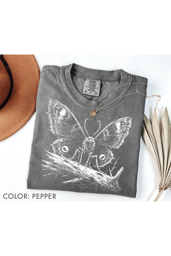 Vintage Moth Linocut Butterfly Gothic Insect Cottagecore Dark Academia Graphic Comfort Colors Unisex Cotton T-Shirt, Size S-3XL