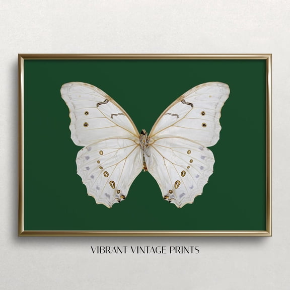 Vintage Moth Print: Emerald Green, White Butterfly UNFRAMED PAPER POSTER, Home Decor