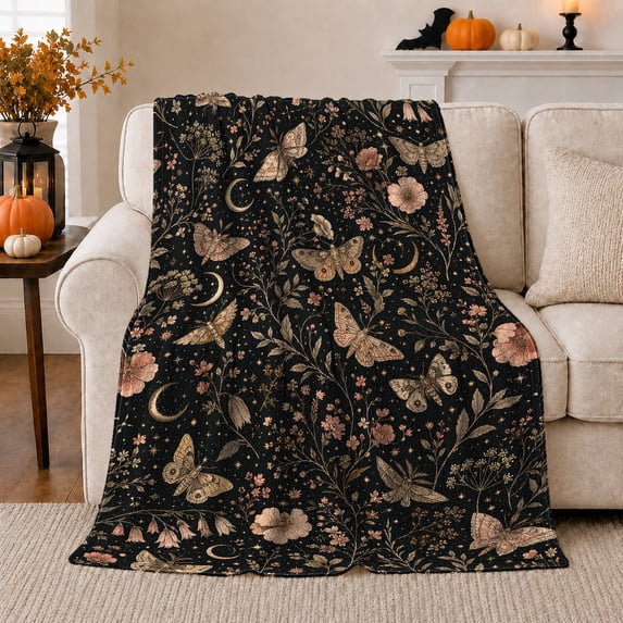 Vintage Moth Wildflower decorative motif Botanical, Mystical Celestial Art Scene, Warm Flannel Blanket for Sunroom and Reading Nook, Celestial Art Lovers Housewarming Gift, Celestial Home Decor