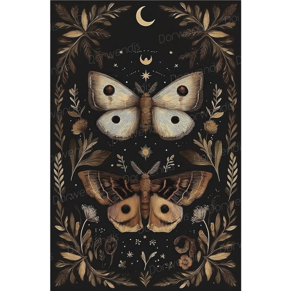 Vintage Moth and Moon Diamond Painting Kit, 5D Full Drill Black Gold Butterfly Art Craft for Home Wall Decor