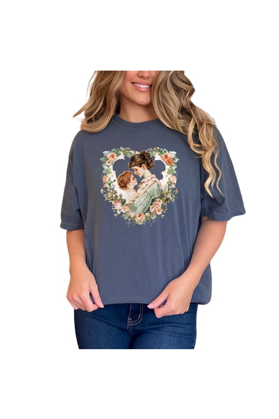 Vintage Mother and Child Floral Heart Art TShirt, Nostalgic Family Love Graphic Tee, Beautiful Floral Mom and Child Design Shirt, Denim Comfort Colors T-Shirt, Small