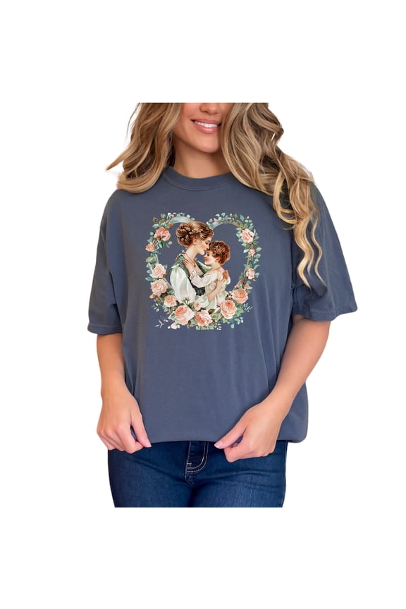 Vintage Mother and Child T-Shirt, Heartwarming Motherhood Tee, Classic Family Love Shirt, Beautiful Floral Design, Whimsical Art Print, Denim Comfort Colors T-Shirt, Small