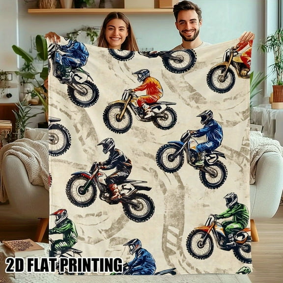 Vintage Motocross Flannel Throw Blanket - Ultra Soft, All Season Cozy Blanket for Bed Couch Office Camping, Dirt Bike Design