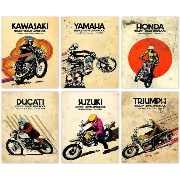 Vintage Motocross Wall Art for Man, Motorcycles Art Posters, Extreme Sport Canvas Wall Art for Man Cave, Bedroom, Teens Room Home Decor, The Best Gift for A Motocross Fans, Set of 6-(8"x10" Unframed)