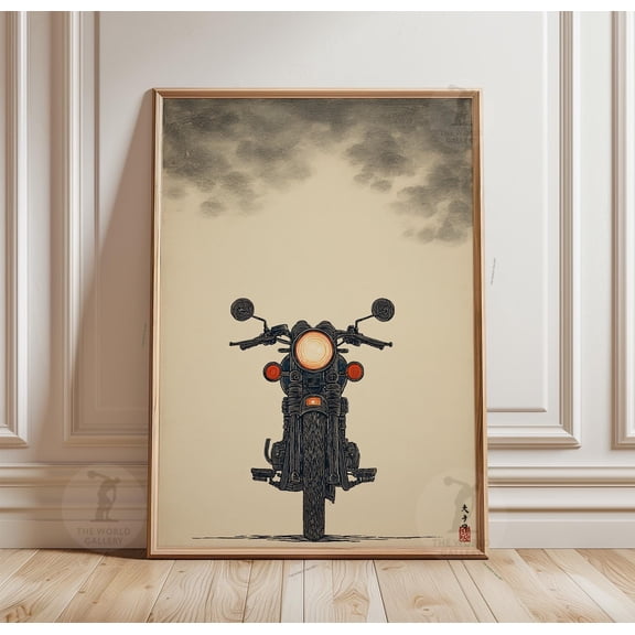 Vintage Motorcycle Front View Poster, Classic Motorbike Wall Art Print, Retro Cafe Racer, Poster Only