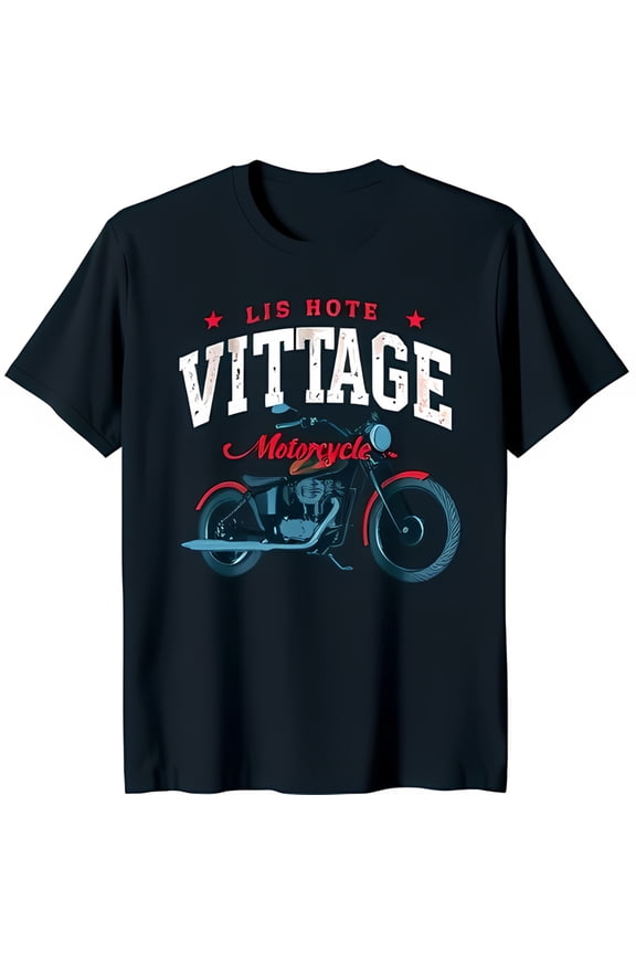 Vintage Motorcycle Graphic Black T-Shirt Blue & Red Design with 'Lis Hote Vittage Motorcycle' Text