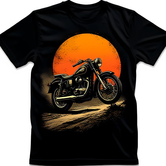 Vintage Motorcycle Graphic Black T-Shirt with Retro Sunset Design