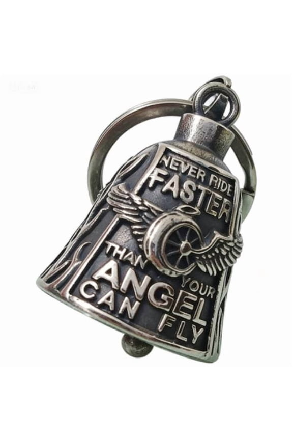 Vintage Motorcycle Guardian Bell Keychain | "Never Ride Faster Than Your Angel Can Fly" Biker Bell | Lucky Gremlin Bell for Motorcycle Riders, Father's Day Gift