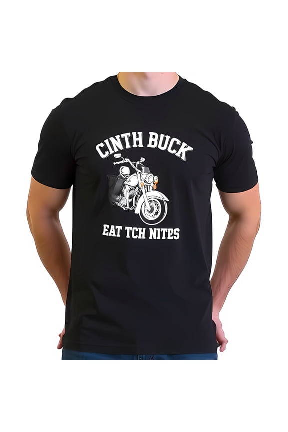 Vintage Motorcycle Rider Graphic T-Shirt - CINTH Design with Retro 'EAT TCH NITES' Text - Cotton Short Sleeve Tee for Biker Enthusiasts