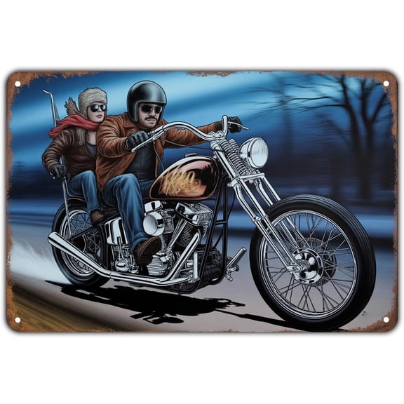 Vintage Motorcycle Rider Metal Tin Sign, Couple Riding Wall Art for Garden Yard Bar Porch Home Bedroom Kitchen Decor, 8 x 12 in