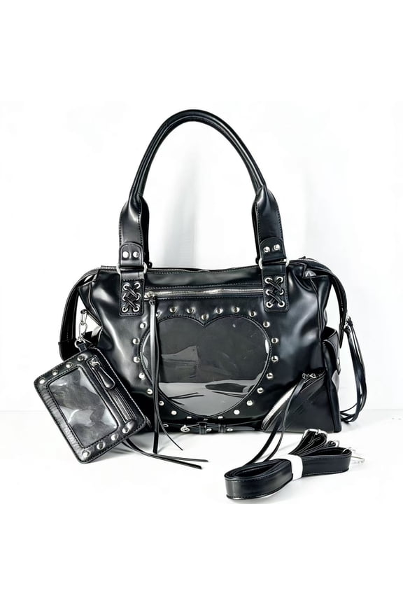 Vintage Motorcycle Style PU Ita Tote Bag for Women, Rivet Decor, Clear Display Window, Large Capacity, Zipper Closure, Shoulder Crossbody Handbag for Daily Commute Anime Pin Display (15.0"x3.9"x9.8",