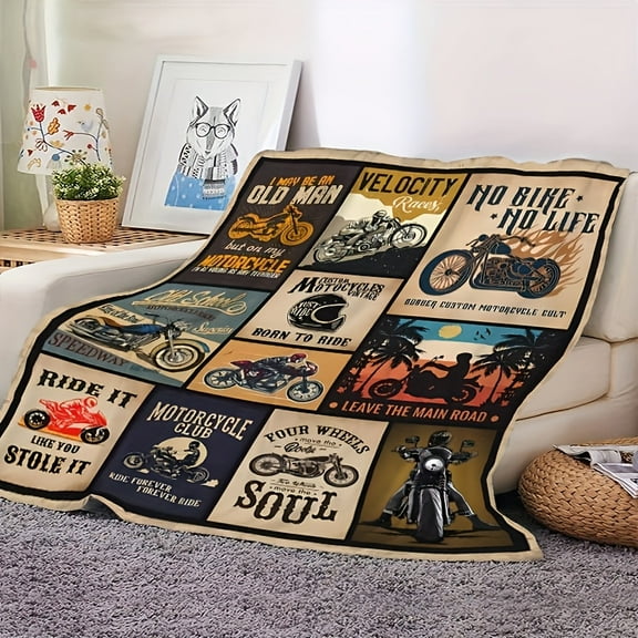 Vintage Motorcycle-Themed Flannel Blanket - Retro Design with Classic Motorcycle Graphics, 100% Polyester, Machine Washable, All-Season Use, Perfect for Motorcycle Enthusiasts' Home Decor