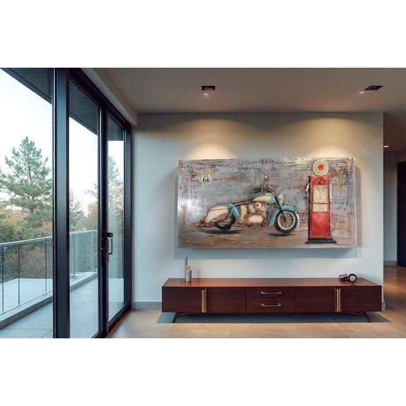 Vintage Motorcycle and Gas Pump Painting on Metal with 3D Effect 79" x 2" x 40"H