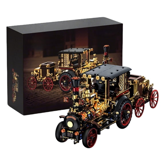 Vintage Motorized Steam Locomotive Building Block Set with Lights, 1331Pcs Functional Retro Tractor Model, Steampunk Vehicle Decor