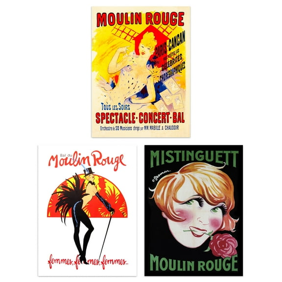 Vintage Moulin Rouge Burlesque Cabaret Girls Paris France Set Of 3 Unframed Wall Art Prints Bathroom Bedroom Aesthetic Retro Advertising 12X16 Inch