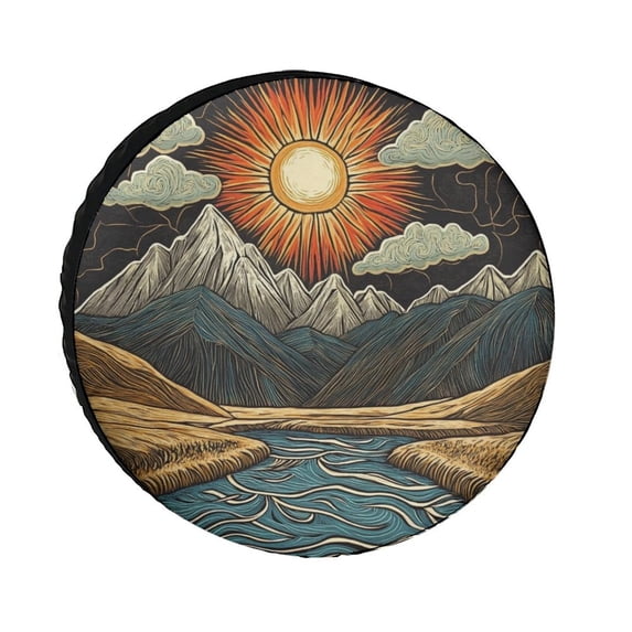 Vintage Mountain Camping Spare Tire Cover Forest Landscape Mountains Polyester Universal Spare Wheel Tire Cover Wheel Covers for Camper Trailer Truck SUV Universal 14inch