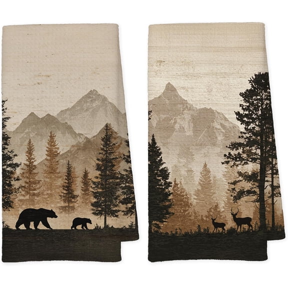 Vintage Mountain Forest Bear Deer Kitchen Towels, Bear Gifts, Deer Gifts, Rustic Farmhouse Wild Animals Cabin Decorative Hand Tea Dish Towel for Bathroom Kitchen Decor, 18X26 Inch Set of 2