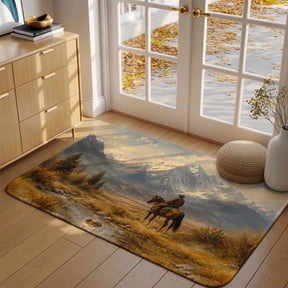 Vintage Mountain Front Door Mat Indoor Entrance, Rustic Fall Rider Horse Western Field Farmhouse Absorbent Dirt Resist Welcome Mats Non-Slip Low-Profile Doormat Washable Entry Rug Indoor 47X63 Inc