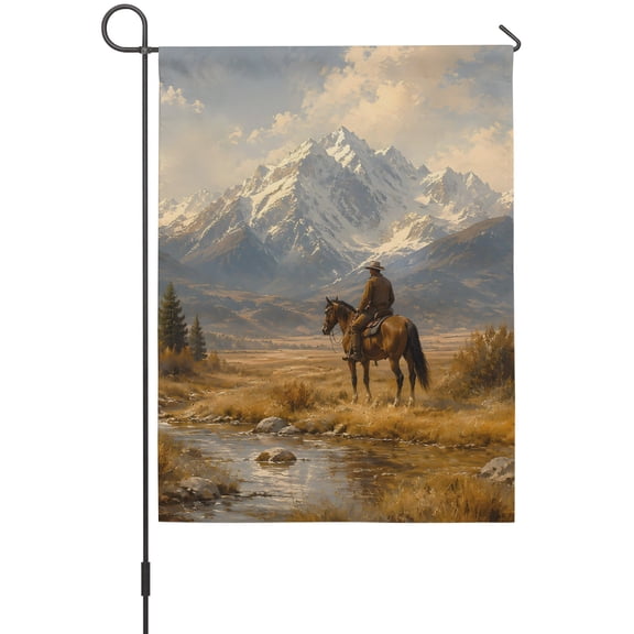 Vintage Mountain Garden Flag 12 x 18 Inches, Rustic Fall Rider Horse Western Field Farmhouse Weather Proof Outdoor Patio Flags Double Sided Small Garden Decoration for Yard Outside Home
