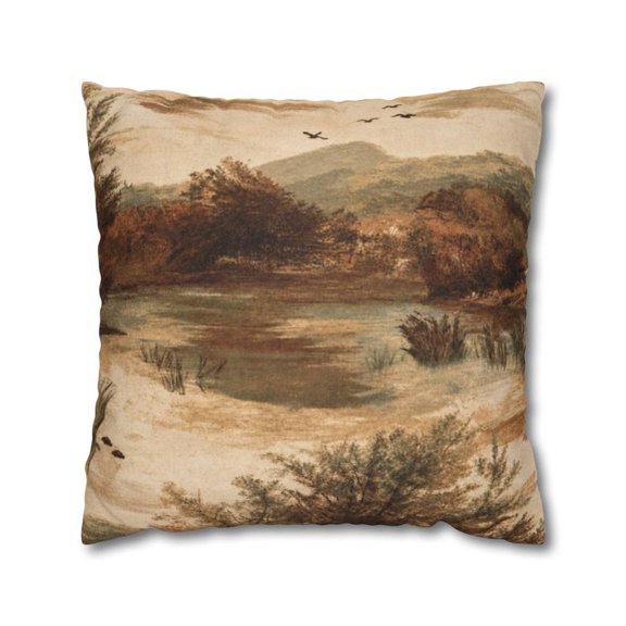 Vintage Mountain Lake Landscape Beige Brown, Polyester Velvet Square Throw Pillow Cover Only, No Insert, Double Sided Print, Envelope Closure