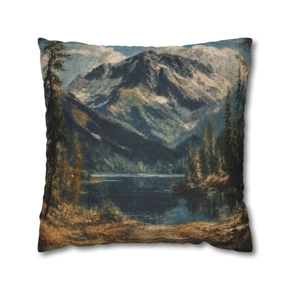 Vintage Mountain Lake Landscape Blue Green, Polyester Velvet Square Throw Pillow Cover Only, No Insert, Double Sided Print, Envelope Closure