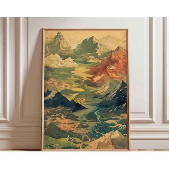 Vintage Mountain Landscape Panoramic Wall Art Print, Unframed Paper Poster 8x10in