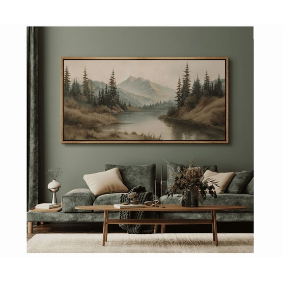 Vintage Mountain Landscape Wall Art Calm Lake Pine Tree Forest Poster Rustic Nature Decor For Living Room
