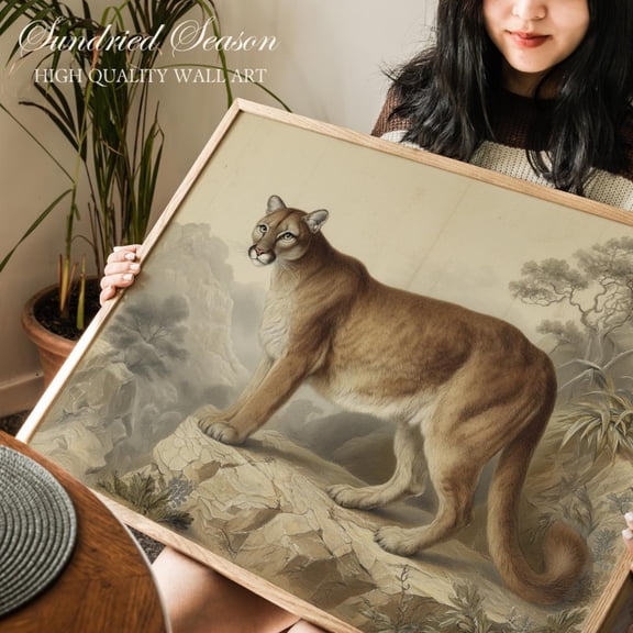 Vintage Mountain Lion Classic Cougar Wildlife Illustration Rustic Big Cat