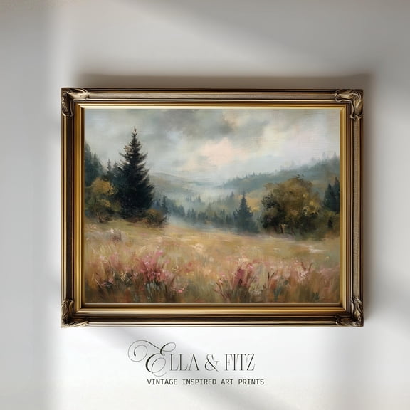 Vintage Mountain Meadow Pine Landscape Decor Wall Art