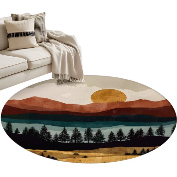 Vintage Mountain Peaks Round Rug 3.3ft Washable Circle Entryway Rugs Non Slip Boho Gradient Hills Forest Sunset Area Rug Indoor Floor Carpet for Bedroom Kitchen Living Room Office Dining Room Nursery