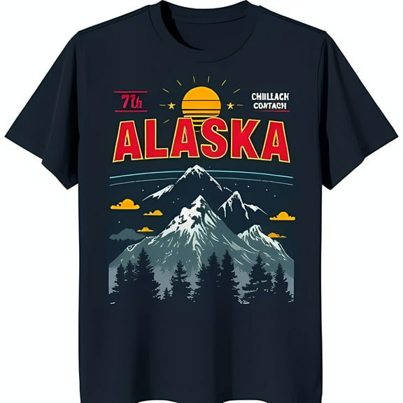 Vintage Mountain Range T-Shirt 7th Alaska Chillach Contach Design in Red Yellow & White on Blue