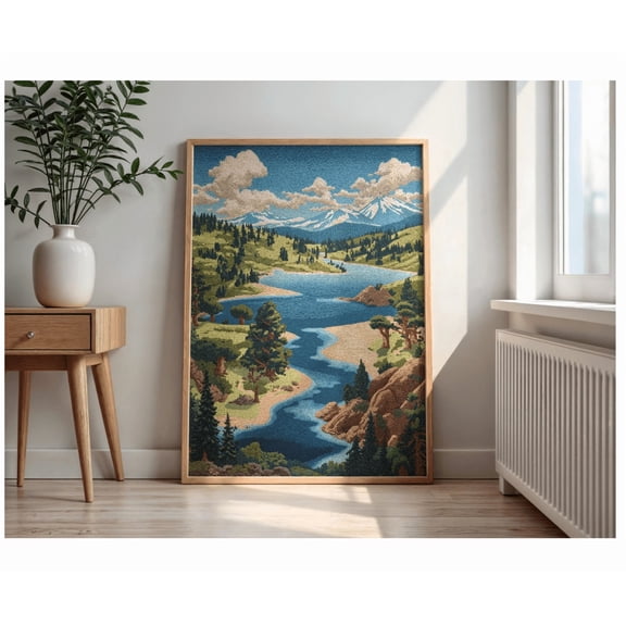 Vintage Mountain River Landscape Illustration Poster Forest Lake Scenic Wall Art