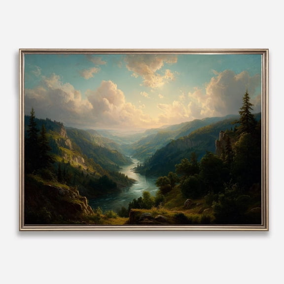 Vintage Mountain River Landscape - Serene Valley Sunset Rustic Wall Art, UNFRAMED Size 16x16