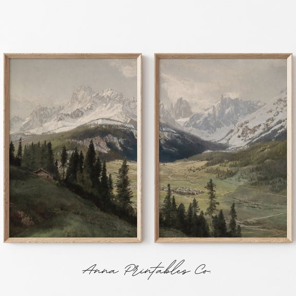 Vintage Mountain Scene Rustic Landscape Fine Art Wall Print Set 2 Stretched Canvas 12x18