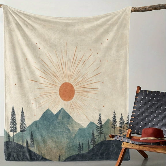 Vintage Mountain Sunrise Forest Print Flannel Throw Blanket - Soft, Warm, Comfortable Knitted Polyester Blanket for Sofa, Bed, Car, Office, Camping, Travel - All-Season Gift Blanket