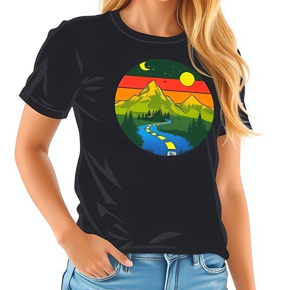 Vintage Mountain Sunset T-Shirt - Retro Circular Design with Winding Road & Verdant Valley - Black Tee for Nature Lovers