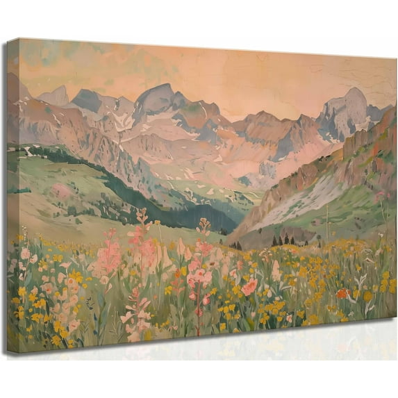 Vintage Mountains Canvas Wall Art Wildflowers field abstract landscape painting Picture Wall Decor Poster Print Artwork for Bedroom Living Room Home Decoration