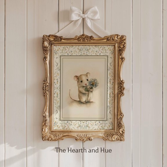 Vintage Mouse Holding Flowers Art Print, Unframed Paper Poster 8x10in
