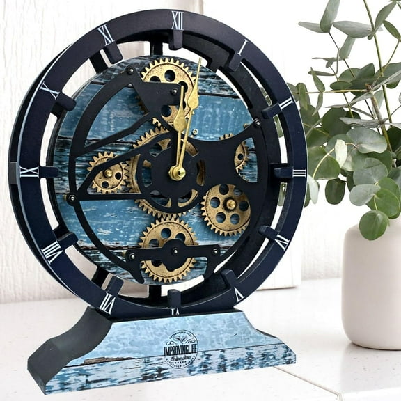 Vintage Moving Gears Clock 10 Inches, Desk or Wall Mountable, Fir Wood and Metal Construction, Unique Gift Idea, Aqua Green