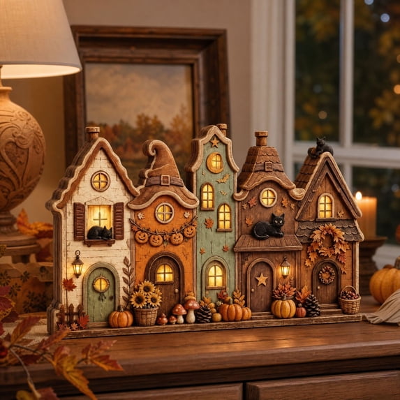Vintage Multi Ghost House Wooden Tabletop Decor Halloween Village Ornament with Built in Light Pumpkin and Black Cat for Home Shelf Display